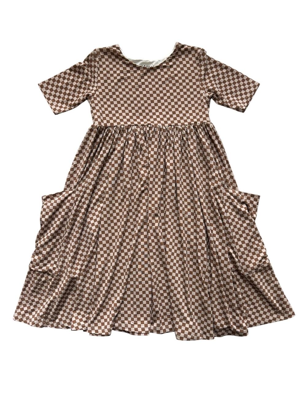 Remie Girl Brown Checkered Short Sleeve Day Dress Size 8